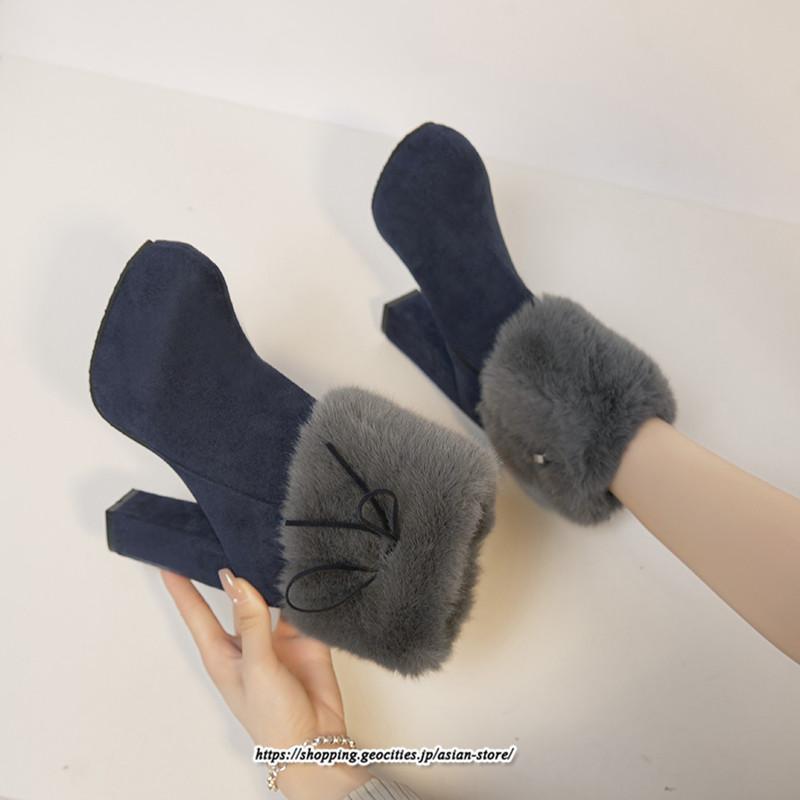 ブーツ | ショートレディース 6cmヒール ファー サイドジッパー 太めヒール 冬 保温 防寒 大きいサイズ 痛くない 冬靴 あったか オシャレ 疲れない