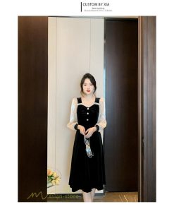 ミディアム | Aラインワンピース 秋コーデ レディース 長袖 切り替え ビロード 膝丈ワンピース 美ライン シルエット 無地 黒ワンピース オフィス フォーマル 大人 お呼ばれ