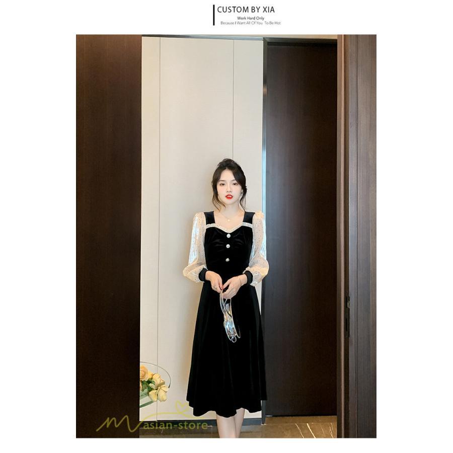 ミディアム | Aラインワンピース 秋コーデ レディース 長袖 切り替え ビロード 膝丈ワンピース 美ライン シルエット 無地 黒ワンピース オフィス フォーマル 大人 お呼ばれ