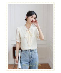 シャツ・ブラウス | ブラウス レディース おしゃれ きれいめ 半袖ブラウス カジュアル 無地 フォーマル オフィス オフホワイト 黒 シフォン OL 蝶結び 通勤 新作 お出かけ ビジネス