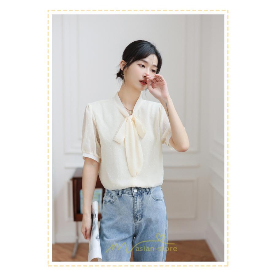 シャツ・ブラウス | ブラウス レディース おしゃれ きれいめ 半袖ブラウス カジュアル 無地 フォーマル オフィス オフホワイト 黒 シフォン OL 蝶結び 通勤 新作 お出かけ ビジネス