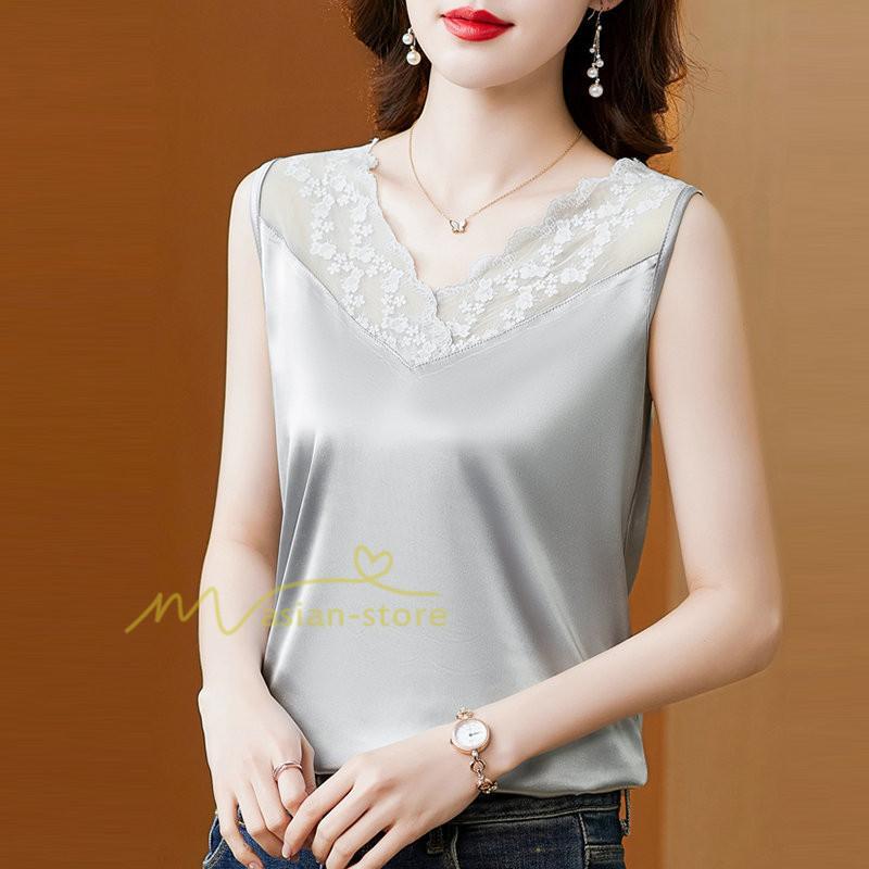 キャミソール タンクトップ | トップス タンクトップ レディース ノースリーブ Vネック Vネックタンク 20代30代40代50代 ママ 母 インナー カジュアル お出かけ カシュクール レース付き