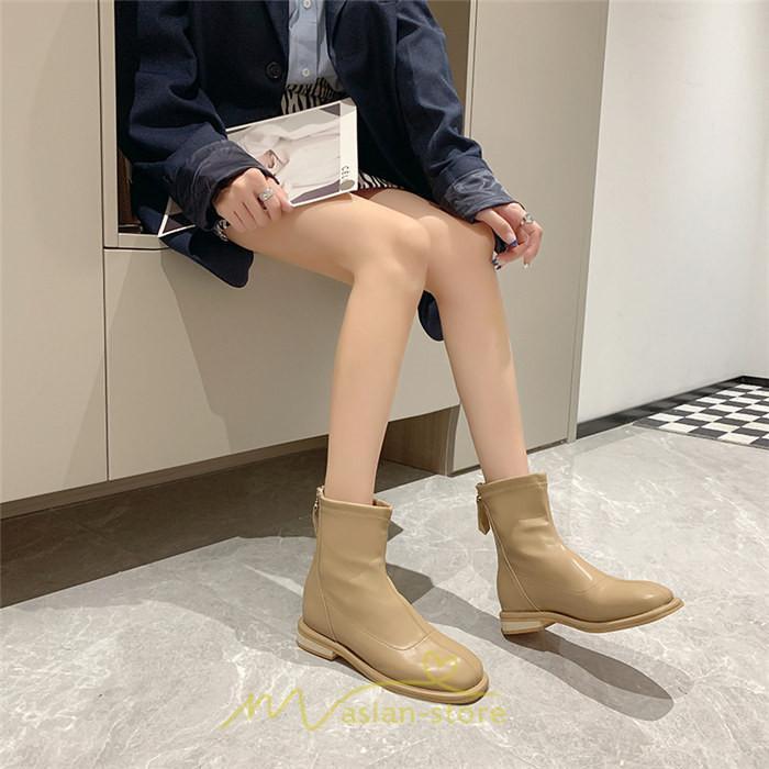 ショートブーツ | ブーツ レディース グランドトゥ 痛くない 歩きやすい 疲れない 滑りにくい 履きやすい ブラック オフホワイト カーキ ブラウン 22.5cm-25cm 黒