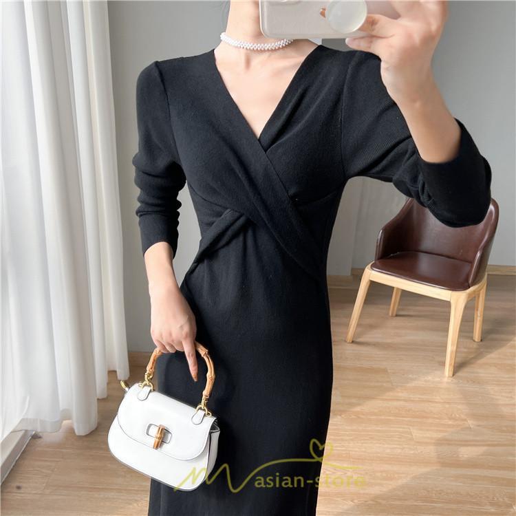 ニットワンピース | 二ットワンピース レディース ニットワンピ Vネック 長袖 トップス チュニック ロング丈 ミモレ丈 着痩せ 秋 冬 コーデ 20代30代40代 フェミニン 上品 大人