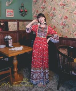 マキシ | ワンピース 長袖 レディース ロング丈 コットン Aライン ゆったり 体型カバー 大人 可愛い ナチュラル 春 夏 秋 海外旅行 フェミニン 着痩せ Vネック エスニック