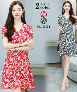 ミディアム | サマーワンピース レディース 夏服 膝丈 ミディアムワンピース 上品 サマーワンピース 上品 2XL 大きいサイズ きれいめ Aラインワンピース Vネック
