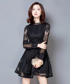 ワンピース | 総レース パーティードレス スカラップ ベルト付き パフスリーブ フレアワンピ 披露宴 レディース 透け感