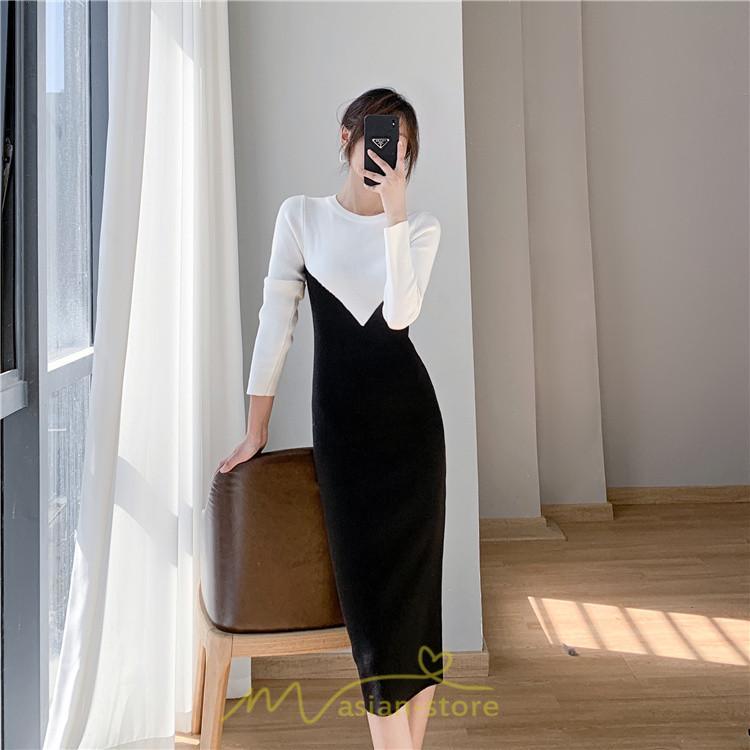 ニットワンピース | ワンピース 秋 秋服 レディース ニット ロングワンピース ロング 長袖 冬 冬服 タイト 切り替え 着痩せ お出かけ 韓国風 20代30代40代50代 通勤 2022新作
