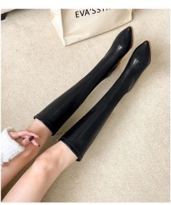 ロングブーツ | ポインテッドトゥレディース チャンキーヒール サイドファスナー バイカラー ミドルヒール 太ヒール 合皮ブーツ ロングブーツ ブーツ 無地