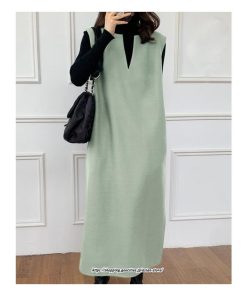 マキシ | ワンピース ジャンパースカート ジャンスカ 深Vネック ロングワンピース Vネック 】 ウール混深Vネックジャンスカ スリット入り【