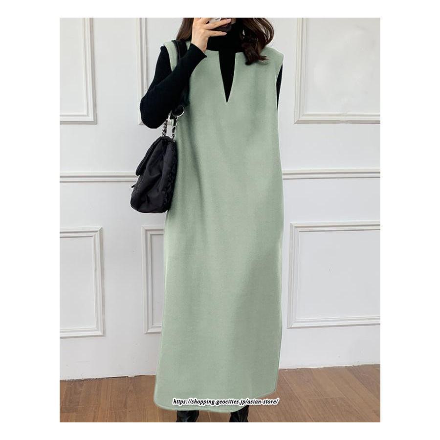 マキシ | ワンピース ジャンパースカート ジャンスカ 深Vネック ロングワンピース Vネック 】 ウール混深Vネックジャンスカ スリット入り【