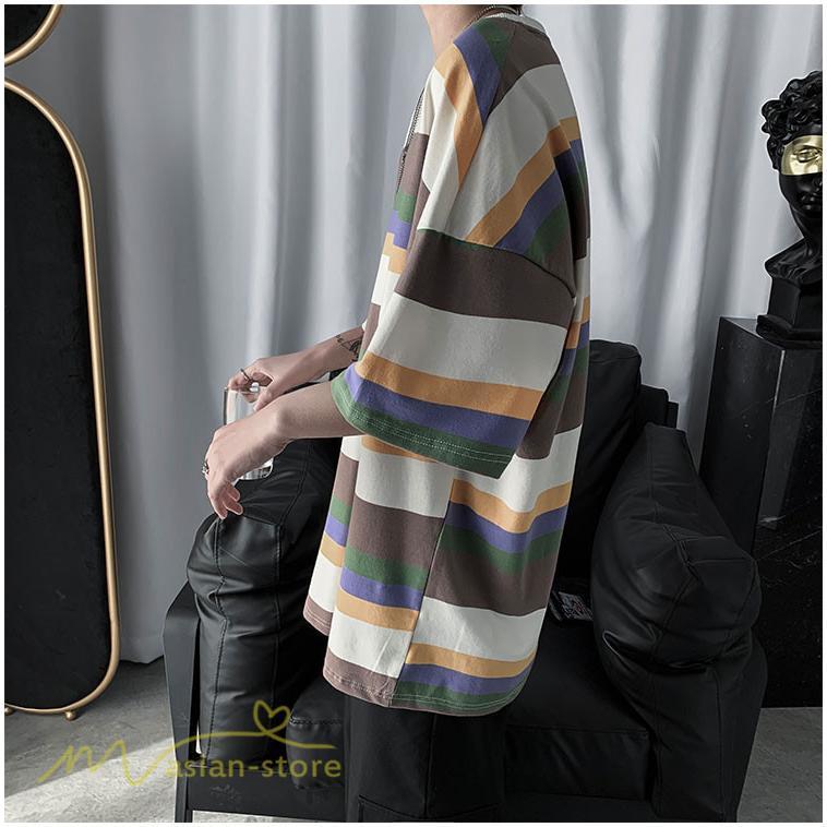 Tシャツ | カットソー メンズ ストライプ カジュアルクルーネック 5分袖 ワイドトップス メンズスタイル カッコウイイ 夏服 上品 日常感