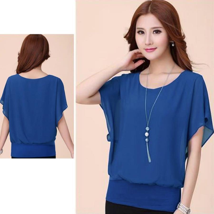 シャツ・ブラウス | レディース シフォンブラウス 半袖 無地 ラウンドネック ドルマンスリーブ トップス