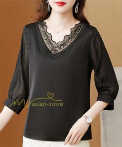 tシャツ・カットソー | Tシャツ レディース 7分袖 七分袖 カジュアル Vネック おしゃれ 女性用 シンプル 無地 ブラック 着痩せ レース付き シフォンシャツ 母の日 20代30代40代50代