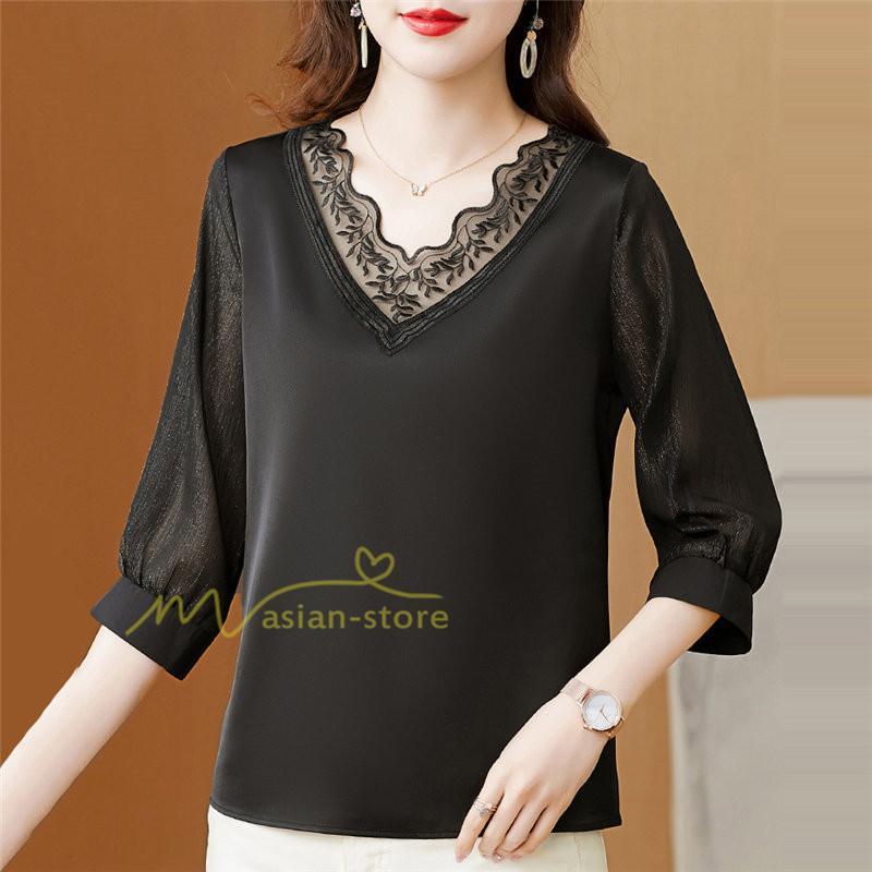 tシャツ・カットソー | Tシャツ レディース 7分袖 七分袖 カジュアル Vネック おしゃれ 女性用 シンプル 無地 ブラック 着痩せ レース付き シフォンシャツ 母の日 20代30代40代50代