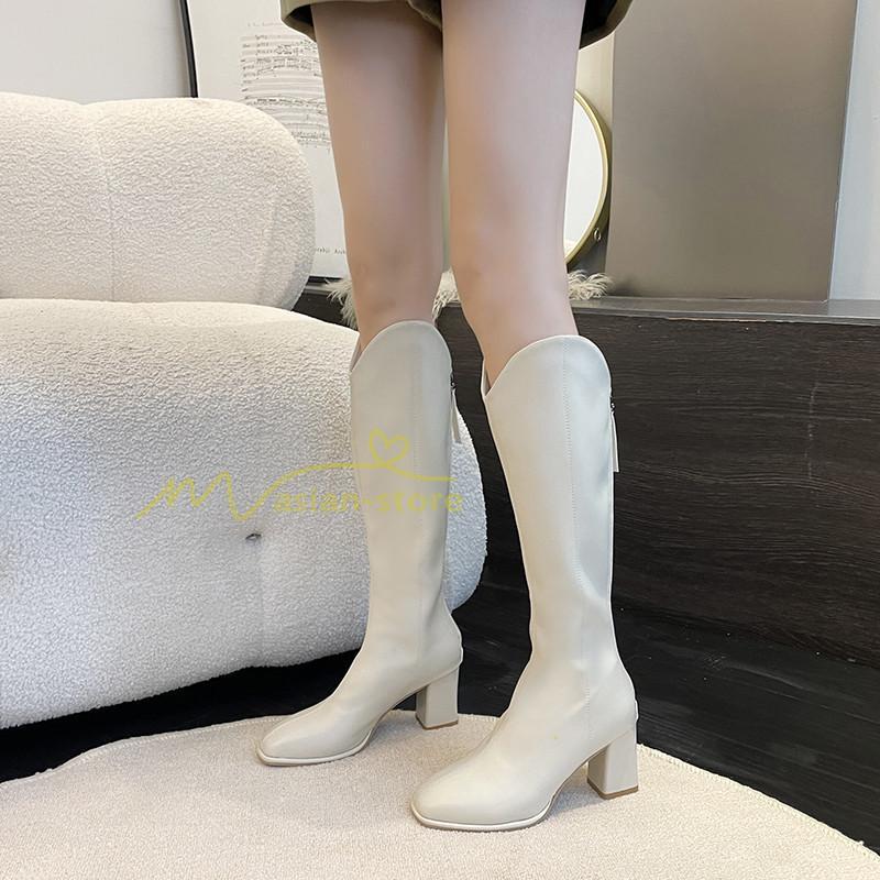 ロングブーツ | レディース ブーツ 秋冬 シューズ 靴 太ヒール チャンキーヒール 合皮ブーツ PUブーツ ロング靴 後ろファスナー COS くつ 大人 コスプレ