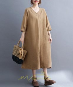 送料無料SALE | 夏ワンピース 五分袖 麻ワンピース Aラインワンピース 大きめ ゆったり 無地 Vネック ミモレ丈 ロングワンピース 女っぽい 通学通勤 30代40代 可愛い 大人