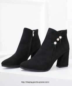 ブーツ | ショートブーティ レディース スエード調 太めヒール 靴 人工水晶 キラキラ オシャレ お出かけ デート キレイめ 通勤 20代30代40代50代