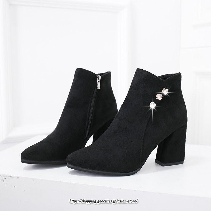 ブーツ | ショートブーティ レディース スエード調 太めヒール 靴 人工水晶 キラキラ オシャレ お出かけ デート キレイめ 通勤 20代30代40代50代