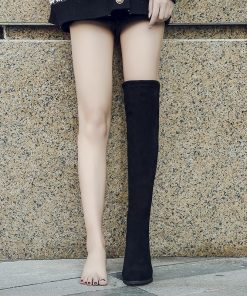 ロングブーツ | ストレッチニーハイブーツ レディース チャンキーヒール レースアップ スエードブーツ ミドルヒール 太ヒール 膝上丈 大きいサイズ 黒ブーツ