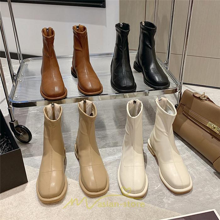 ショートブーツ | ブーツ レディース グランドトゥ 痛くない 歩きやすい 疲れない 滑りにくい 履きやすい ブラック オフホワイト カーキ ブラウン 22.5cm-25cm 黒