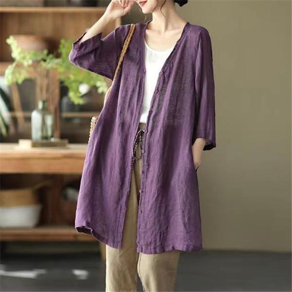 カーディガン | レディース リネン 麻混 ロング 春 秋 ゆったり 7分袖 40代 50代 無地 4色 冷え防止 透け感 羽織 初秋 30代 秋大きいサイズ 20代