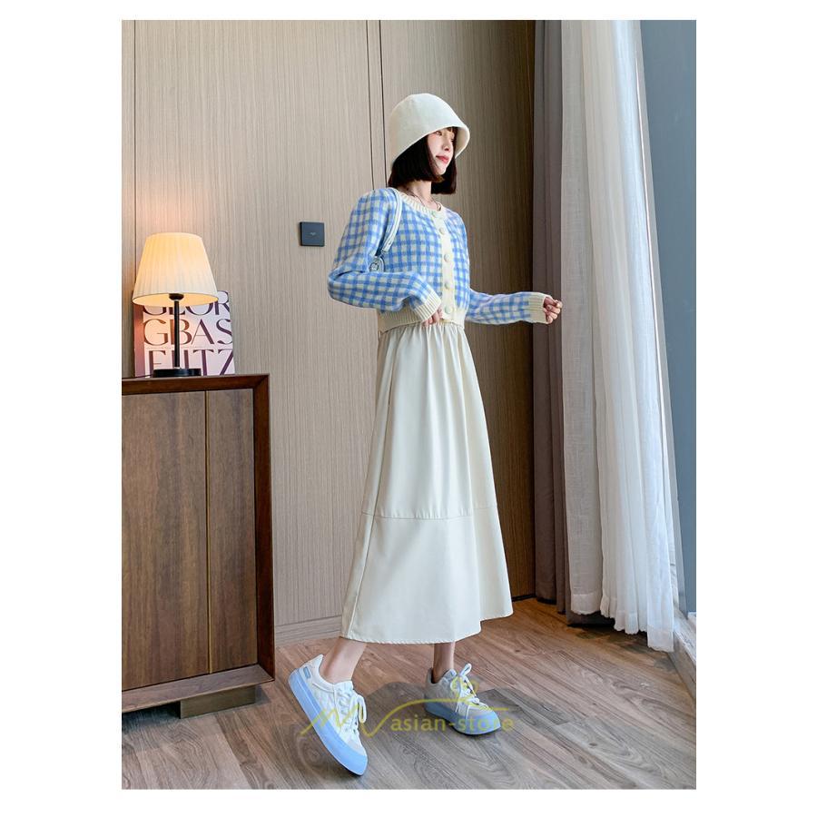 スカート | Pu秋冬 合皮ロングウエストゴム Aラインゆったり 体型カバー ハイウエスト 大人 無地 通学通勤 フレア 広い幅 可愛い