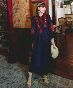 マキシ | 花柄ワンピース 丸首 リゾート ワンピース レディース 長袖 夏秋 ロング丈 マキシ丈 大人 上品 刺繍 綿麻 二次会 女子会 旅行 お出かけ コットン バカンス