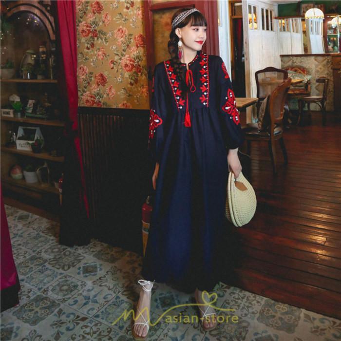 マキシ | 花柄ワンピース 丸首 リゾート ワンピース レディース 長袖 夏秋 ロング丈 マキシ丈 大人 上品 刺繍 綿麻 二次会 女子会 旅行 お出かけ コットン バカンス