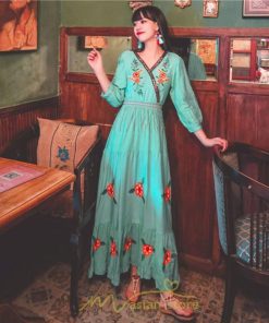 マキシ | ワンピース レディース 長袖 きれいめ ロング丈 マキシ丈 大人 リラックス 花柄 Aライン 着痩せ ハイウエスト リゾート 旅行 Vネック 体型カバー フェミニン