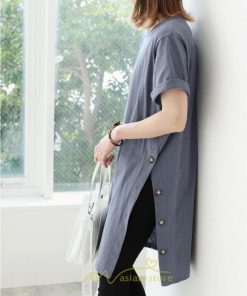 tシャツ・カットソー | Tシャツ レディース 半袖 ロングt 綿 ワンピース 無地 ラウンドネック トップス 麻 夏 ゆったり リラックス サイドスリット 20代30代 ロング丈 40代50代 可愛い