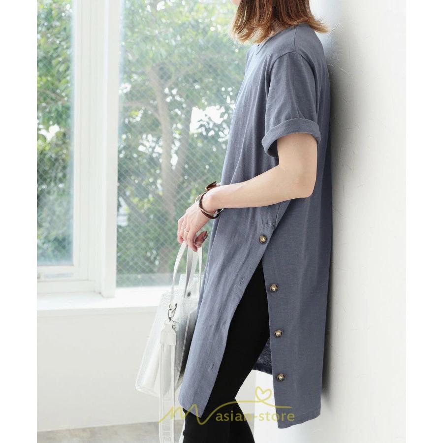 tシャツ・カットソー | Tシャツ レディース 半袖 ロングt 綿 ワンピース 無地 ラウンドネック トップス 麻 夏 ゆったり リラックス サイドスリット 20代30代 ロング丈 40代50代 可愛い