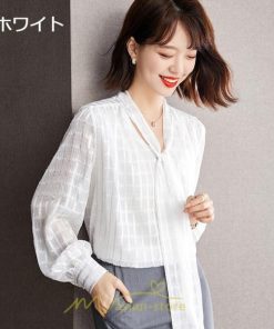 シャツ・ブラウス | ブラウス シャツ 秋 秋服 レディース 蝶結び チェック柄 春 秋 新作 シフォン 長袖 ゆったり 可愛い キレイめ エレガント おしゃれ お出かけ 通勤 カジュアル