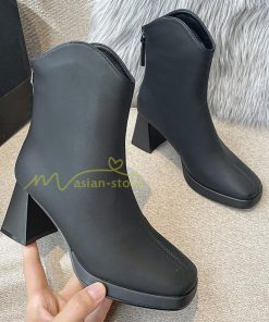 ショートブーツ | ブーツ レディース シューズ 靴 太ヒール チャンキーヒール ブーティー スクエアトゥ 合皮ブーツ コスプレ 後ろファスナー PUブーツ くつ COS