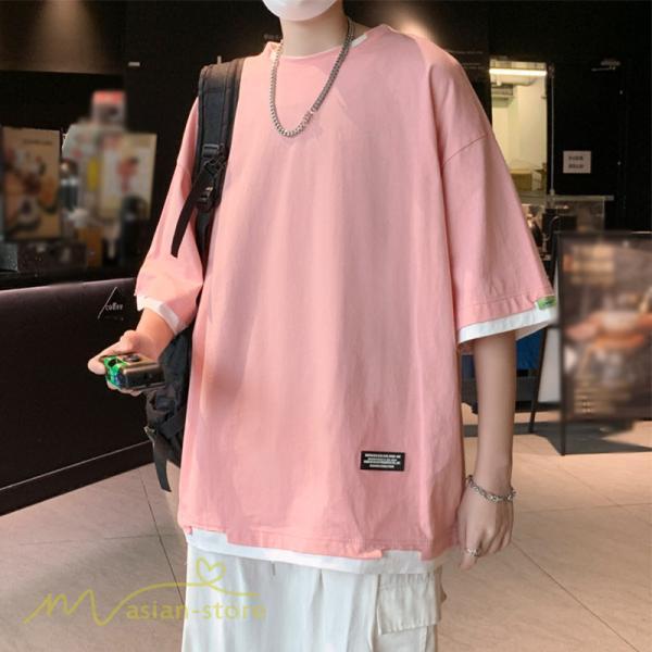 Tシャツ | メンズ 夏物 半袖 五分袖 フェイク レイヤード 重ね着風 無地 おしゃれ プルオーバー オーバーサイズ カジュアル 30代 20代 40代 ゆったり 男性着