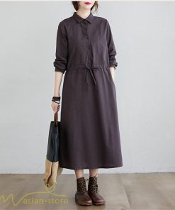 ワンピース | 長袖綿麻Aラインレディース ロングミモレ丈 無地 シャツカワイイ 大人 ワンピ