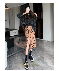 スカート | ロング 秋 冬 Aライン ロング丈 ハイウエスト ヒョウ柄 かっこいい セクシー  スリット ニット 韓国風 高見え デート おでかけ 2022新作 女子会 細見え