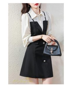 ミニ丈 | 切り替えワンピース 秋 レディース フェイク レイヤード風 ミニワンピース 膝上丈 Aラインワンピース オフィス 可愛い フォーマル エレガント シャツカラー 大人