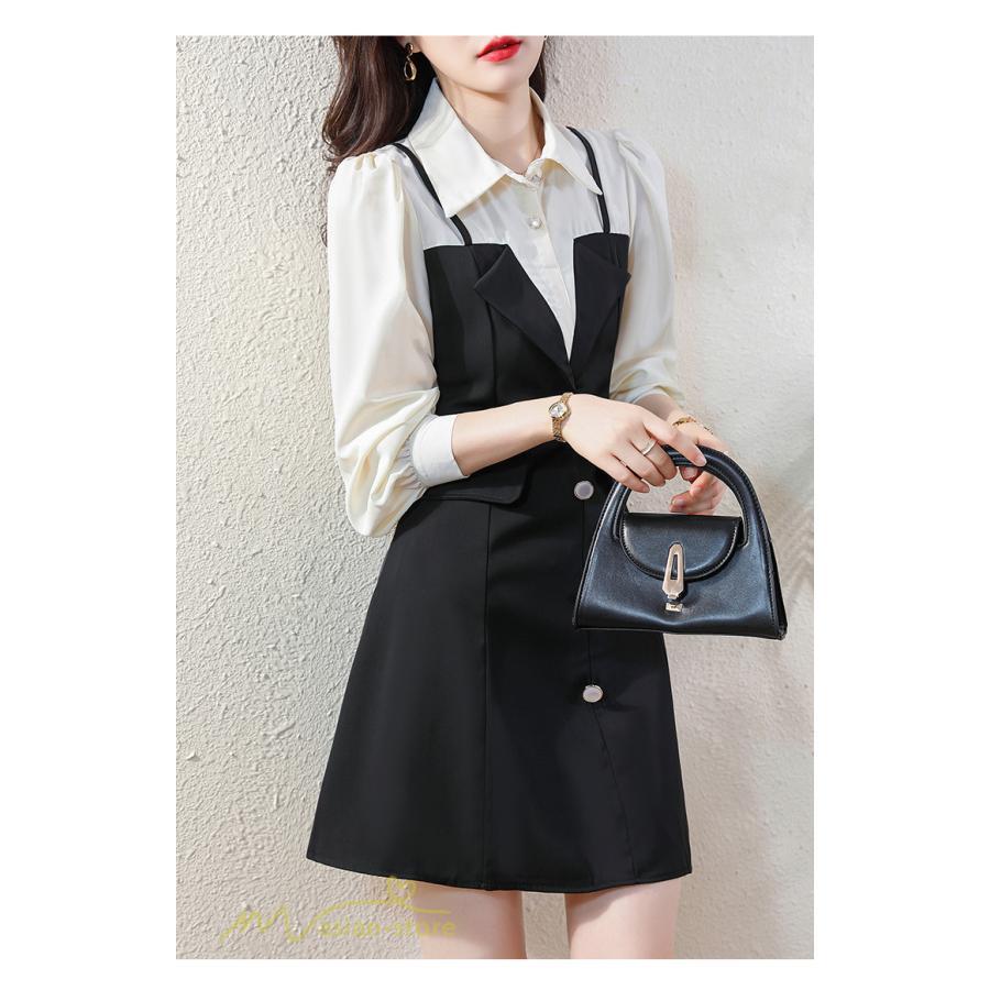 ミニ丈 | 切り替えワンピース 秋 レディース フェイク レイヤード風 ミニワンピース 膝上丈 Aラインワンピース オフィス 可愛い フォーマル エレガント シャツカラー 大人