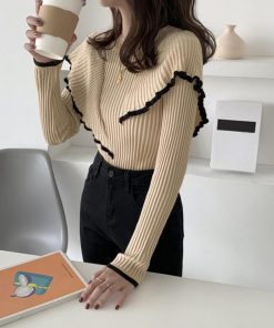 ニット・セーター | 秋冬 スリムフィット フリルトップス長袖 フレア ニットセーター ニットソー リブニットトップス レディース モックネック