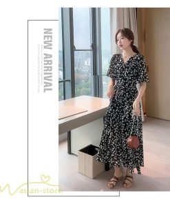 マキシ | ワンピース レディース マキシワンピース 小花柄 Vネック 半袖 5分袖 サマーワンピース シフォン Aラインワンピース 春 エレガント 夏 ウエストゴム ロング丈