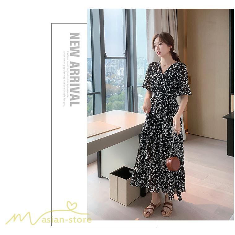 マキシ | ワンピース レディース マキシワンピース 小花柄 Vネック 半袖 5分袖 サマーワンピース シフォン Aラインワンピース 春 エレガント 夏 ウエストゴム ロング丈