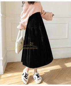 スカート | ロングティアードAラインミモレ丈 フレアビロードウエストゴム ハイウエスト 秋冬 無地 ゆったり