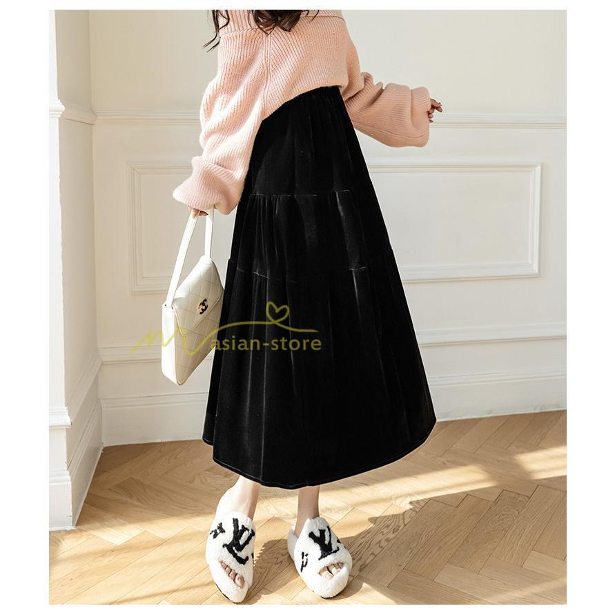 スカート | ロングティアードAラインミモレ丈 フレアビロードウエストゴム ハイウエスト 秋冬 無地 ゆったり