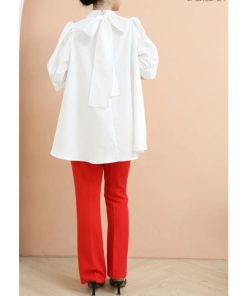 シャツ・ブラウス | ブラウス レディース 半袖 パフスリーブ ノーカラー ハイネック リボン 後ろリボン フォーマル 春夏 2way フレア 20代30代40代50代 通勤通学 蝶結び エレガント