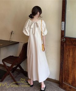 マキシ | ワンピース パフスリーブ 半袖 スクエアネック ゆったり 体型カバー ゆるワンピース フリーサイズ かわいい 無地 シンプル おしゃれ お出かけ レトロ 夏物 上品