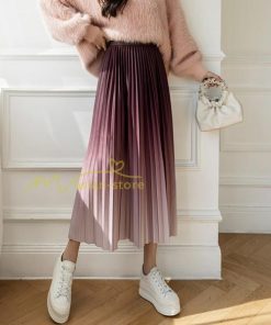 スカート | プリーツロングミモレ丈 グラデーションAラインウエストゴム ハイウエスト 秋冬 無地 ゆったり 大人 通学通勤