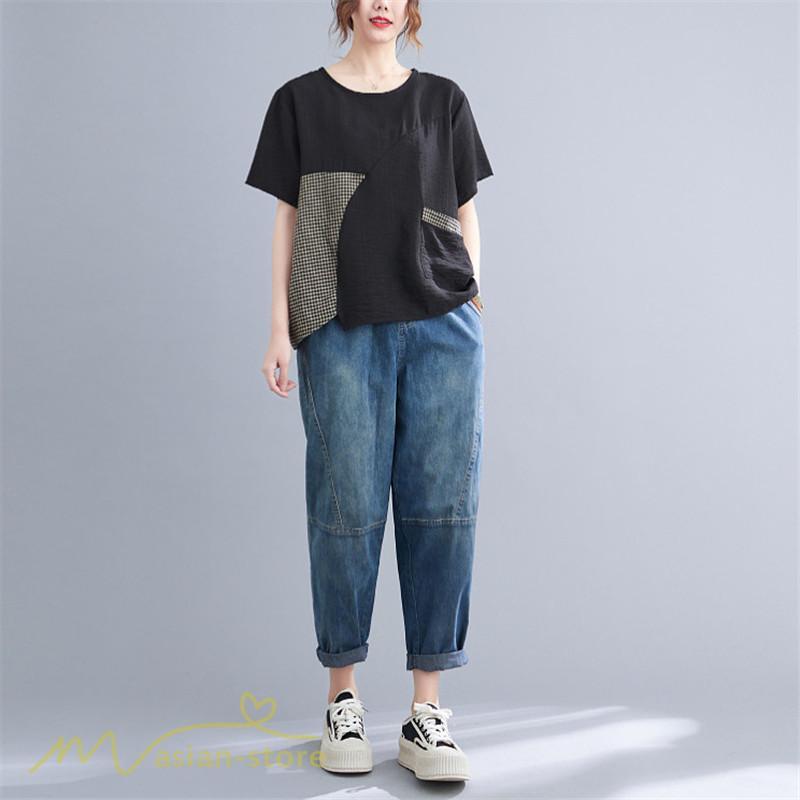 tシャツ・カットソー | tシャツ カットソー レディース 切り替え 女性着 シンプル カジュアル フリーサイズ ゆったり 夏新作 おしゃれ 半袖 チェック柄 黒 半袖tシャツ 丸首 白
