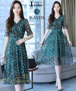 ミディアム | ワンピース レディース Aライン サマーワンピース 上品 着痩せ カジュアル 大きいサイズ 半袖 Vネック ミディアムワンピース ひざ丈 30代 気質 20代 40代