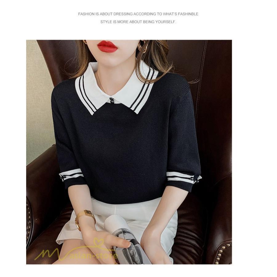 tシャツ・カットソー | レディース トップス Tシャツ 着痩せ ニット きれいめ 女性着 ポロ 着回し 学院風 5分袖 可愛い 配色切替 上品 サマー風 20代 アウトドア 夏コーデ 新作 人気